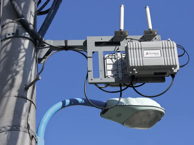 An outdoor wireless access point with two antennas, mounted on a pole.