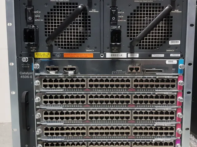 Front of a Cisco Catalyst 4506-E switch chassis with rows of Ethernet ports.