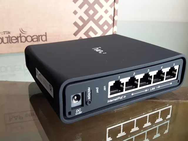 A MikroTik hAP ac2 router, seen from the back with its Ethernet ports.