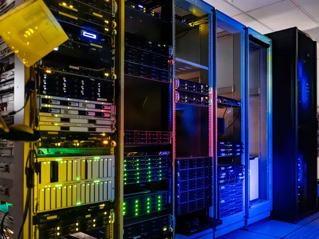 Rows of rack-mounted servers and network gear with status lights.